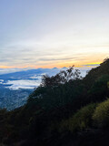 Fototapeta Na ścianę - Panorama of flowing fog waves on mountain tropical rainforest, image over the clouds Amazing nature background with clouds and mountain peaks in Purbalingga.