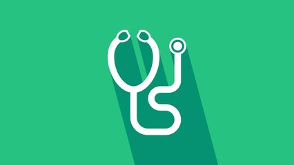 Poster - White Stethoscope medical instrument icon isolated on green background. 4K Video motion graphic animation