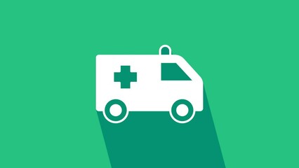 Sticker - White Ambulance and emergency car icon isolated on green background. Ambulance vehicle medical evacuation. 4K Video motion graphic animation