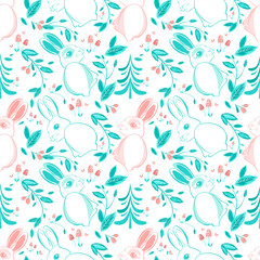 Wall Mural - Seamless pattern with cute colorful rabbit on the background of trees and leaves . Perfect for kids apparel,fabric, textile, nursery decoration,wrapping paper