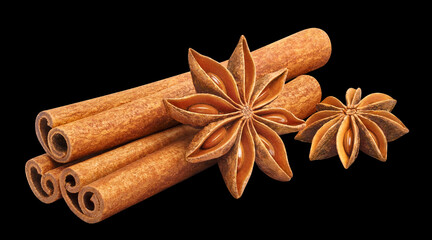 Wall Mural - Delicious cinnamon and star anise, isolated on black background