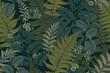 Seamless pattern. Fern leaves, flowers and moths.