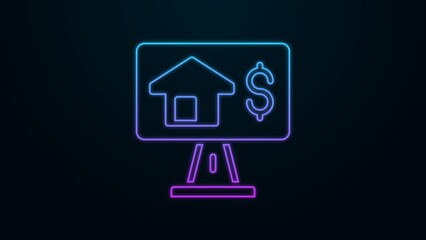 Canvas Print - Glowing neon line Online real estate house in browser icon isolated on black background. Home loan concept, rent, buy, buying a property. 4K Video motion graphic animation