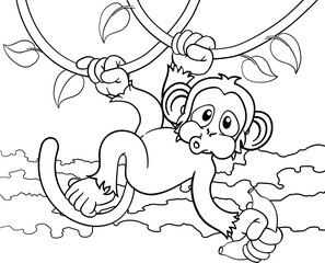 Sticker - Monkey Singing On Jungle Vines With Banana Cartoon