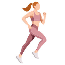 Vector Illustration Of A Beautiful Slender Girl In A Sports Uniform (leggings And A Sports Bra) Is Engaged In Fitness, Sports, Trains Isolated On A White Background. Woman Runs. Morning Run. Jogging.