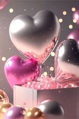 Wall Mural - Realistic romantic background with heart shaped balloons,  gift box and light effects  on blurred background with confetti.
