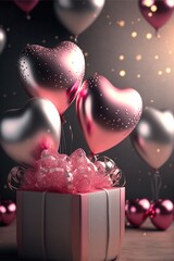 Wall Mural - Realistic romantic background with heart shaped balloons,  gift box and light effects  on blurred background with confetti.
