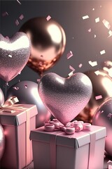 Wall Mural - Realistic romantic background with heart shaped balloons,  gift box and light effects  on blurred background with confetti.
