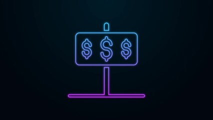 Sticker - Glowing neon line House with dollar symbol icon isolated on black background. Home and money. Real estate concept. 4K Video motion graphic animation