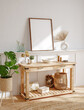 Mock up frame in home interior background, beige room with natural wooden furniture, Scandi Boho style, 3d render