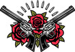 Two crossed pistols and roses. Vector illustration.