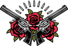 Two Crossed Pistols And Roses. Vector Illustration.