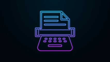 Canvas Print - Glowing neon line Retro typewriter and paper sheet icon isolated on black background. 4K Video motion graphic animation