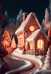 Wonderful magical little town with patterned gingerbread houses, night snowy winter scene, AI generated image