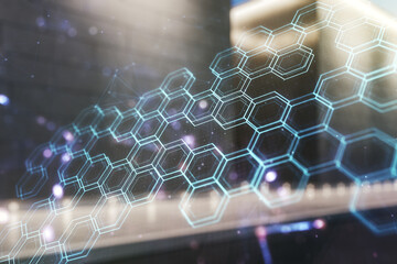 Wall Mural - Abstract virtual wireless technology hologram with hexagon on blurry contemporary office building background, artificial intelligence and machine learning concept. Multi exposure