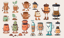Coffee Shop Cafe Logo Or Print Design With Walking Cup Of Coffee Mascot. Moka Pot, Coffee Cups With Legs In Boots. Cup And Glass With Faces. Isolated Vector Illustration