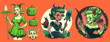 Beautiful Young Green Monster Girl, Devil With Pitchfork, Witch On Broom.  Isolated Vector Illustration