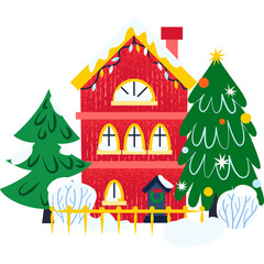 Sticker - Night Winter House. Illustration of Greeting Card Landscape.