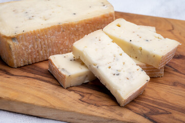 Italian cheese collection, yellow taleggio cheese with black truffles mushrooms