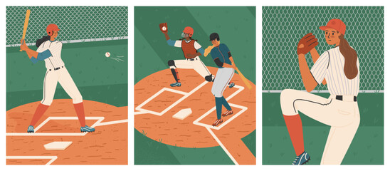 Women's baseball game vector posters set. Female baseball players on a field. Girl pitcher throwing the ball. Softball woman player in uniform.