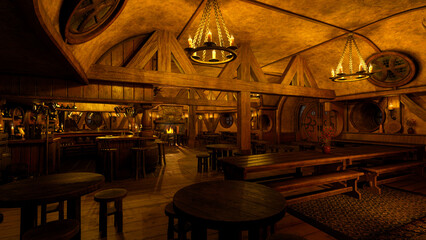 Poster - Medieval tavern bar interior with cosy atmospheric candlelight and open fire. 3D rendering.