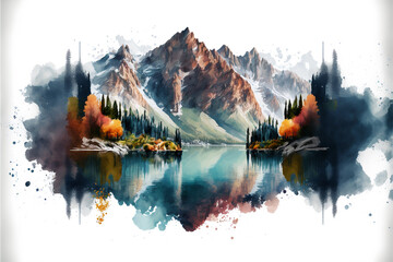 Wall Mural - illustration of the alps with beautiful lake in front of it, watercolor masterpiece,Generative AI.