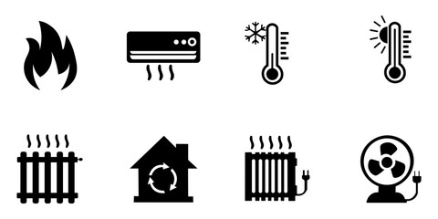 set of black icons of types of heating in the house, heater for the house, heaters of different types in black color eps10