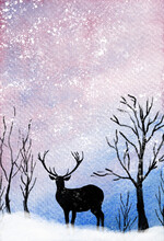 Watercolor Winter Landscape Illustration. Trees And Deer Silhouettes And A Beautiful Pink Sky With Snow. Christmas Greeting Card. Hand-drawn High Resolution Illustration For Posters, Postcards, Prints