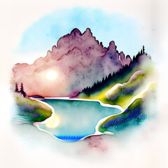 Wall Mural - An AI-generated vector art depicting a tranquil lake in front of the alpine mountain range.