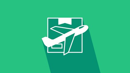 Sticker - White Plane and cardboard box icon isolated on green background. Delivery, transportation. Cargo delivery by air. Airplane with parcels, boxes. 4K Video motion graphic animation