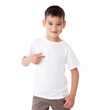 © Ievgen Skrypko - T shirt mock up. Cute little boy in blank white t-shirt with pointed finger isolated on a white background.