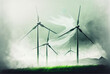 Sustainable energy source raster graphic of windmills on a grassy field against a foggy sky electricity generated by a green, clean, environmental protection power plant backdrop. Generative AI