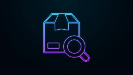 Sticker - Glowing neon line Search package icon isolated on black background. Parcel tracking symbol. Magnifying glass and cardboard box. Logistic and delivery. 4K Video motion graphic animation