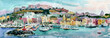 Watercolor painting of the seaside town. Procida, Italy. Wide web banner.	