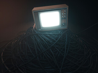 Wall Mural - Illuminated Vintage Television On Cable Pile