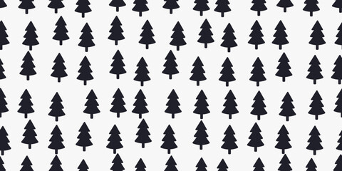 Poster - Black Christmas trees on a white background. Vector decor and print, stylish design of seamless surfaces. Textured pattern.