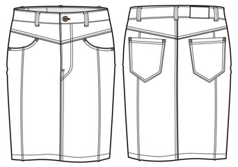 womens denim skirt flat sketch vector illustration front and back view jean skirt technical cad drawing template