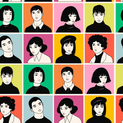 Wall Mural - Portraits of Teenage boys and girls. Young people look at the camera. Cute characters. Cartoon comic asian style. Hand drawn trendy Vector illustration. Square seamless Pattern, background, wallpaper