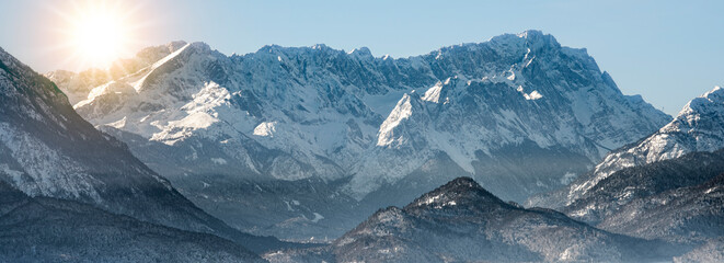 Poster - panoramic view to mountain range with summit Zugspitze