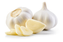 Garlic Bulb And Clove Isolated. Garlic Bulbs With Sliced Cloves On White Background. White Garlic Bulb Composition. With Clipping Path. Full Depth Of Field.
