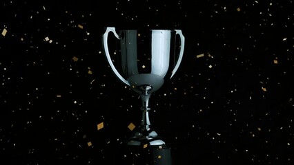 Wall Mural - silver trophy competition in the dark with paper shooter or confetti explosion on a black background