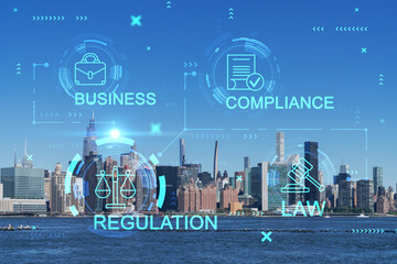 Wall Mural - New York City skyline, United Nation headquarters over the East River, Manhattan, Midtown at day time, NYC, USA. Glowing hologram legal icons. The concept of law, order, regulations, digital justice