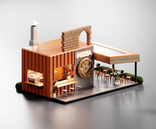 Isometric View Minimal Pizza Restaurant Container Store Exterior Architecture, 3d Rendering Digital Art.