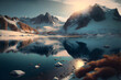Landscape of high icy mountains near a lake. Digital art. Generative AI.