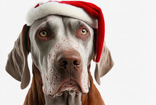 Red Santa Claus Cap Worn By A Pointer Dog During Christmas, Isolated On White. Generative AI