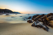 Northern Side Of Jeongdongjin Beach At Sunset, Gangneung, Gangwon-do,South Korea. Long Exposure.