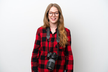 Wall Mural - Young photographer pretty woman isolated on white background with surprise facial expression