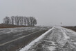 Asphalt road in winter. Dark asphalt road during a snowstorm.