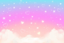 Rainbow Unicorn Background With Clouds Hearts And Stars. Pastel Color Sky. Magical Pink Landscape, Abstract Fabulous Panorama. Cute Candy Wallpaper. Vector.
