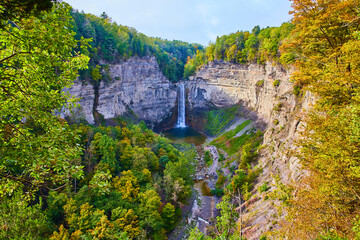 Poster - Fall forests around giant rocky canyon and large waterfall